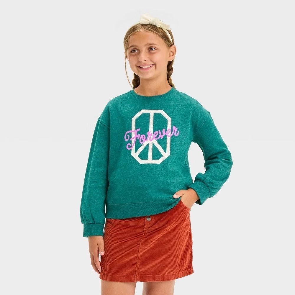 Cat & Jack Girls’ Fleece Crew Pullover Sweatshirt Dark Green XS (4/5) - Picture 2 of 3